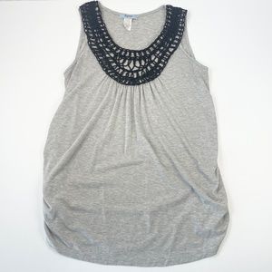 Crochet Detail Women’s Sleeveless Top Rouched Side Gray and Black Size Large